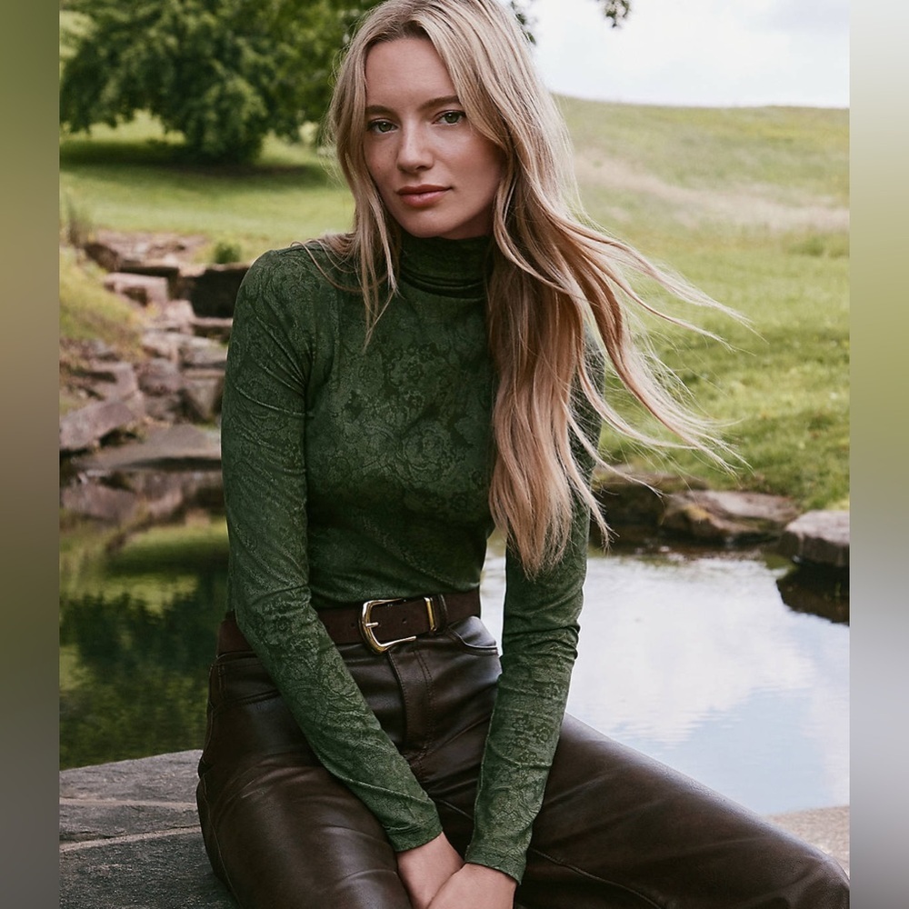 LOFT Forest Green Lace Print Long Sleeve Turtleneck Top